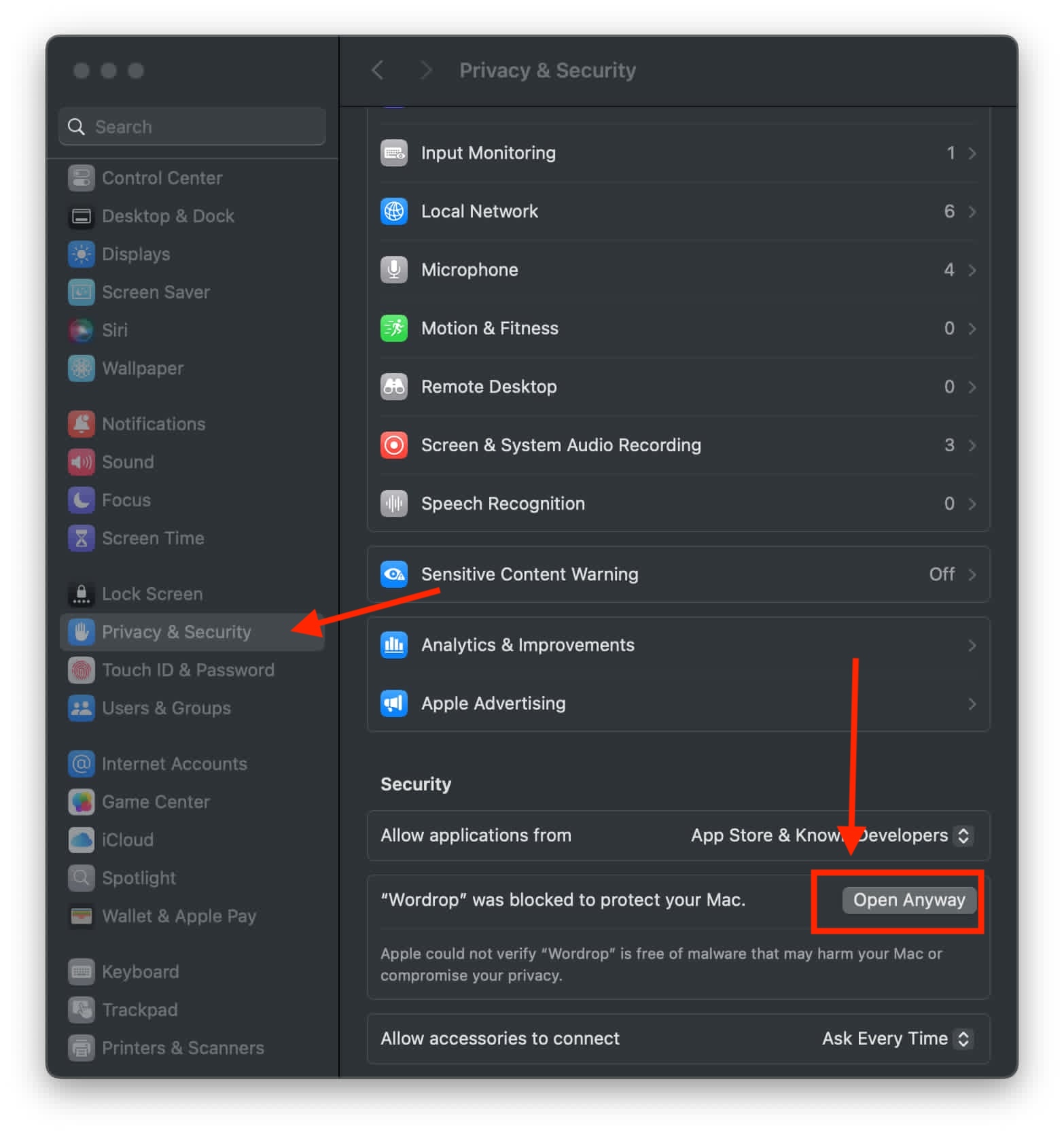 Privacy & Security window showing Wordrop blocked and the Open Anyway button