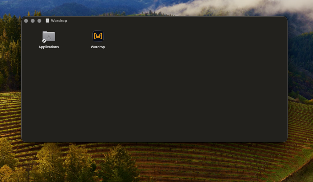 The Wordrop .dmg window showing the app icon and Applications folder — drag Wordrop to Applications to install