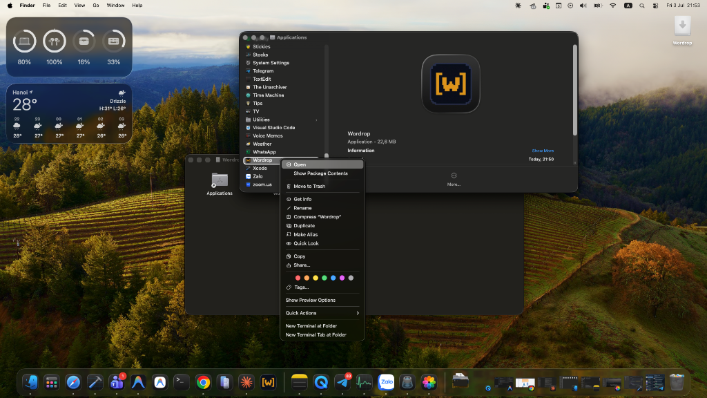 Right-clicking Wordrop in Applications to select Open