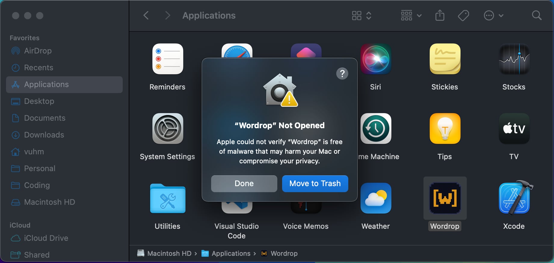 macOS security warning for Wordrop