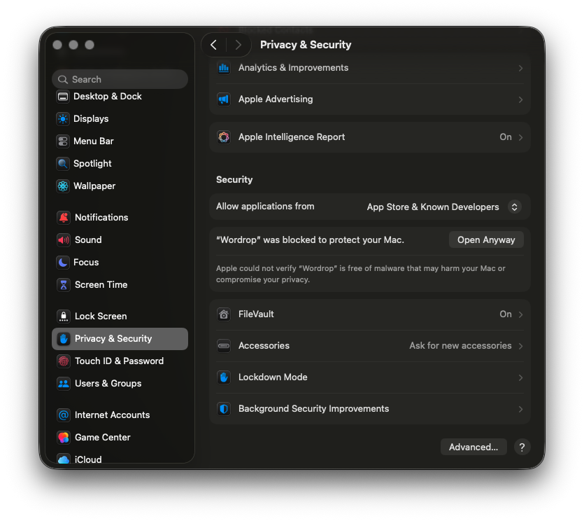 Cài đặt Privacy & Security — nút 