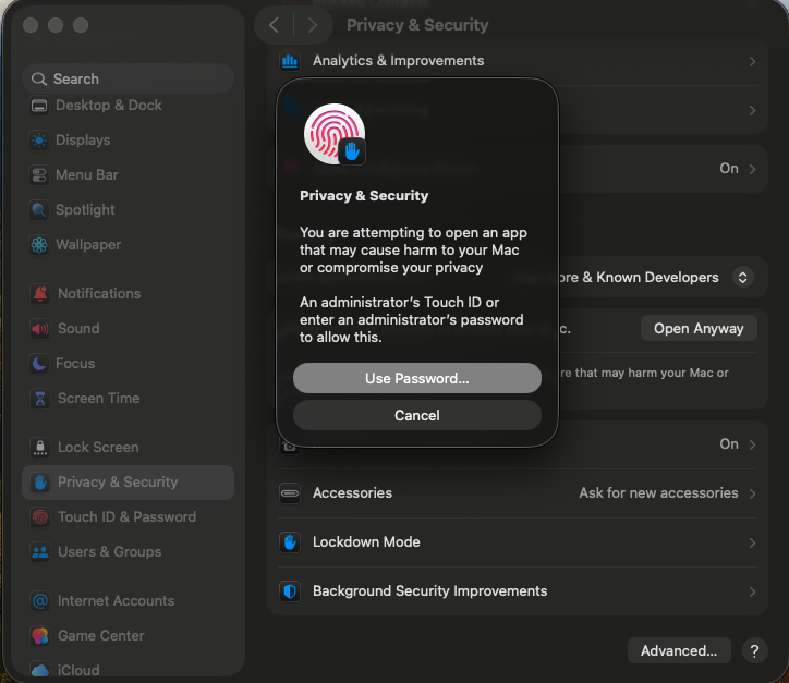 Hộp thoại Touch ID hoặc mật khẩu — xác thực để cho phép Wordrop chạy