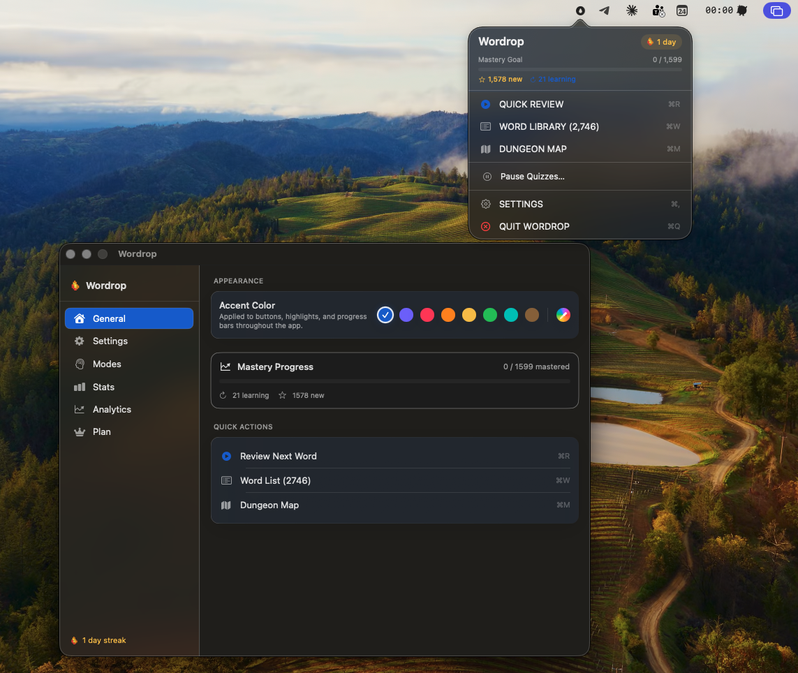 Wordrop menu bar dropdown — quick review, word library, dungeon map, tạm dừng, settings