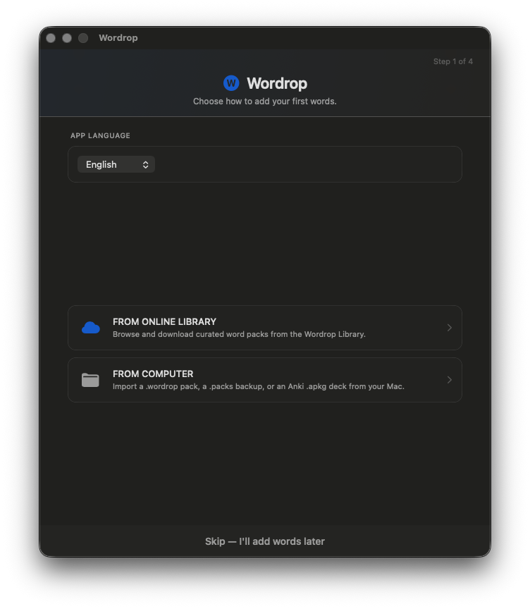 Wordrop onboarding — Bước 1: Chọn cách thêm từ đầu tiên