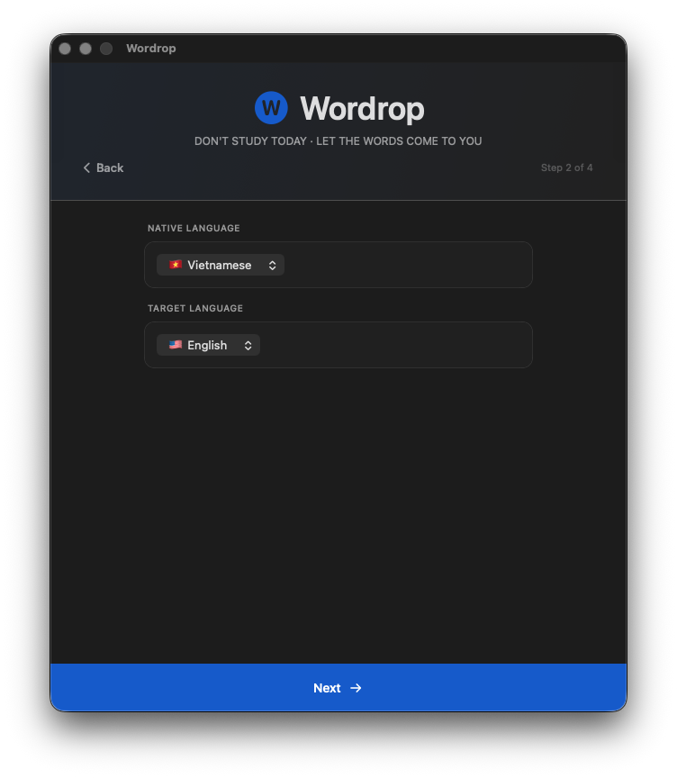 Wordrop onboarding — Bước 2: Chọn tiếng mẹ đẻ và ngôn ngữ đích