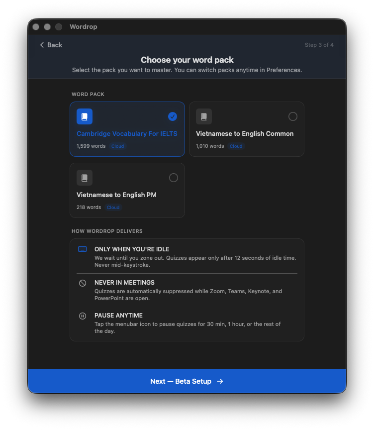 Wordrop onboarding — Bước 3: Chọn bộ từ và xem cách giao quiz