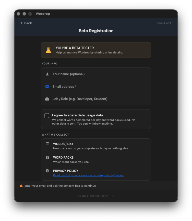Wordrop onboarding — Bước 4: Đăng ký Beta