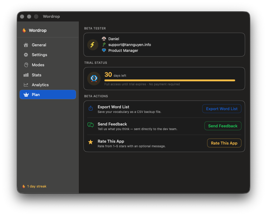 Wordrop tab Plan — thông tin beta tester, trạng thái trial, export và feedback