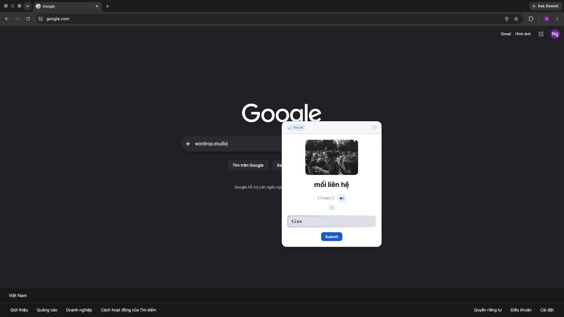 Quiz Wordrop chế độ Recall — popup nổi lên ngay trên browser