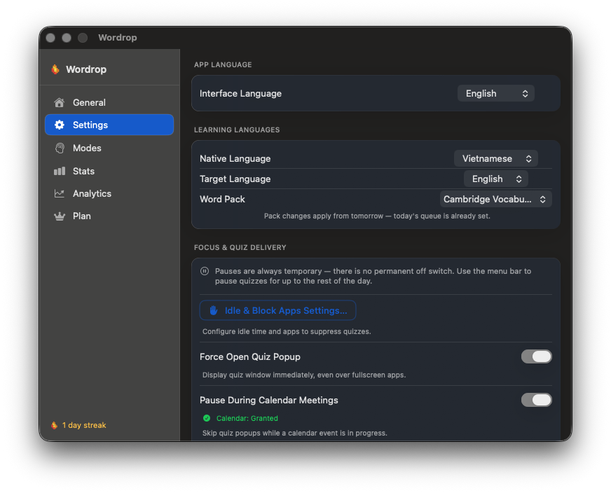Wordrop tab Settings — cặp ngôn ngữ, bộ từ, cài đặt giao quiz