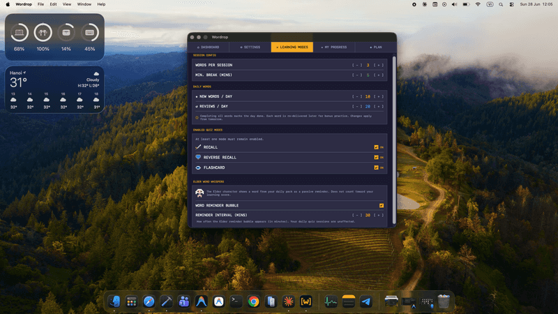 Wordrop Learning Modes — configure words per session, quiz modes, and reminder intervals