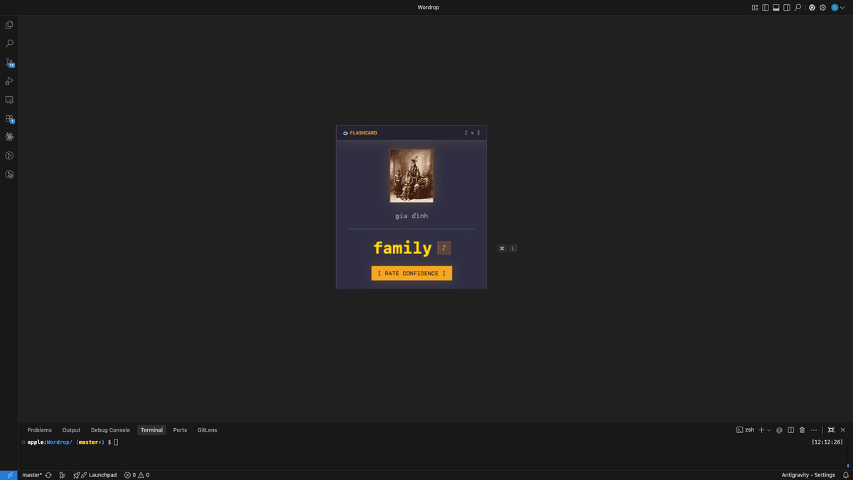 Wordrop quiz appearing over VS Code — learn vocabulary without leaving your editor