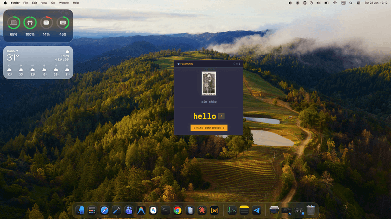 Wordrop Flashcard mode — floating quiz overlay appearing during a desktop session