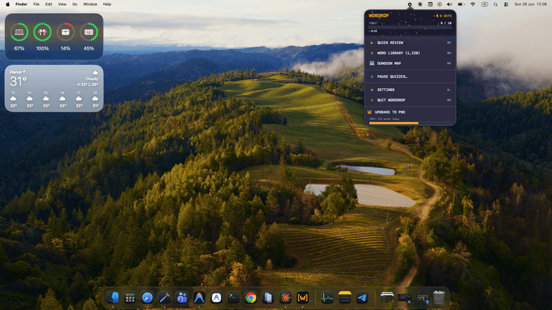 Wordrop menu bar — quick access to review, word library, dungeon map, and settings