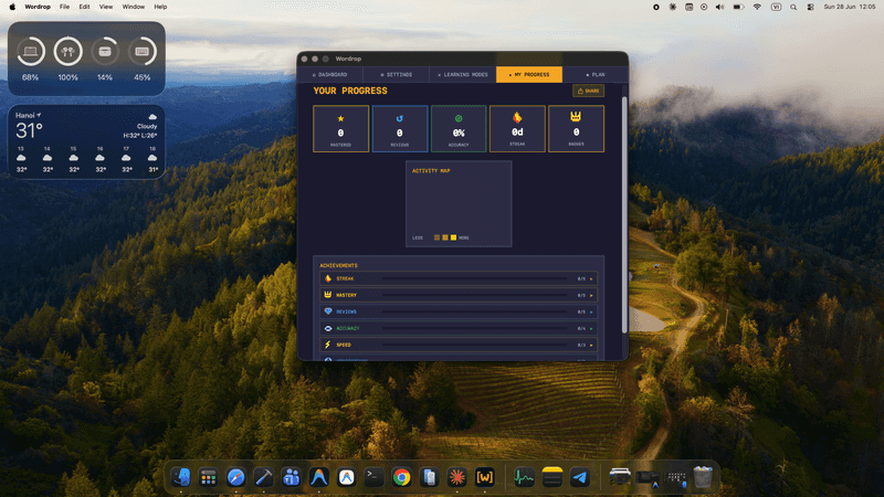 Wordrop My Progress — mastered words, reviews, accuracy, streak, and badges