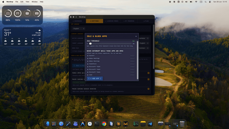 Wordrop Idle & Block Apps settings