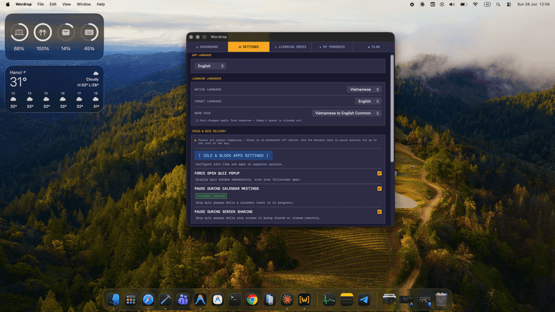 Wordrop Settings — configure your language pair and delivery behavior